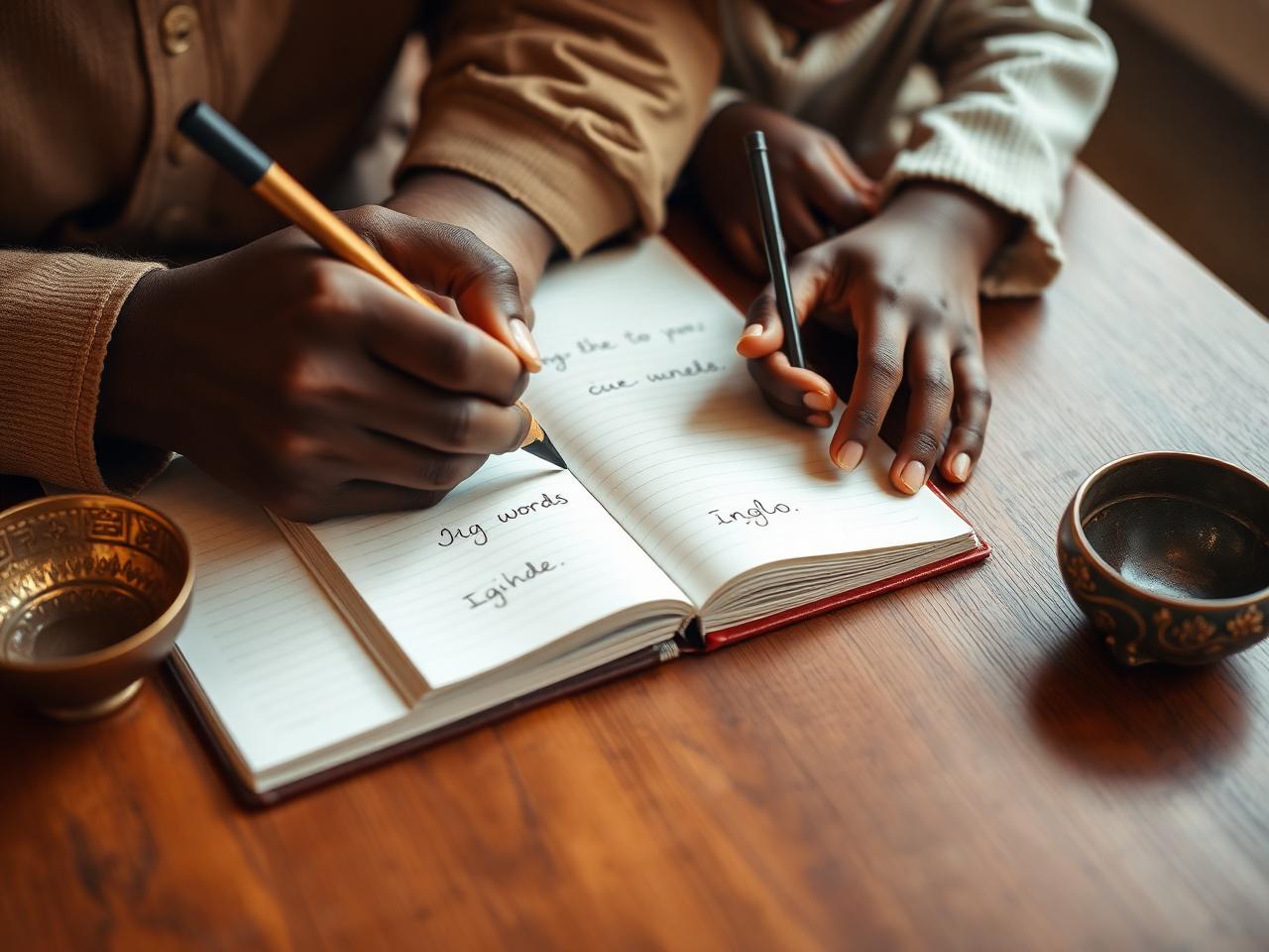 Parent and child writing Igbo words side by side
